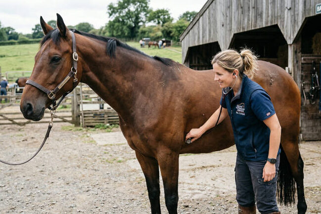 A veterinarian examining a brown horse at a farm.